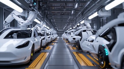 Advanced Robotics in Automotive Production Line with Futuristic Cars