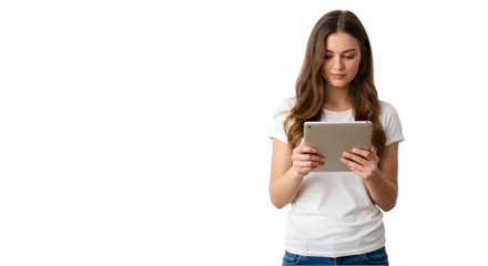 A woman holding a tablet isolated on transparent background, a girl using tablet png