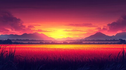 Fototapeta premium Vibrant sunset over a field of tall grass with mountains in the distance.