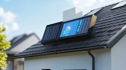 Solar Panels on Modern House Roof with Digital Display Technology
