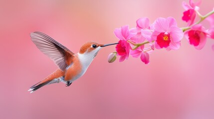 Hummingbird feeding on orchids nature garden wildlife serene environment close-up view beauty of nature