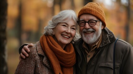 Fototapeta premium Senior couple enjoying a happy day in the autumn woods, smiling and embracing each other affectionately.