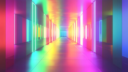 A futuristic corridor with rainbow reflections on mirrored walls, creating a vibrant, dreamlike, and immersive space. . Luminous Infinite Corridor. Illustration