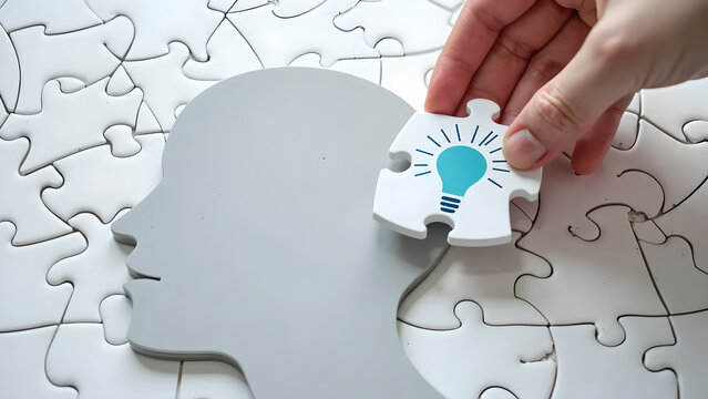 Getting knowledge and solving problem. Logical idea concept. Connecting last jigsaw puzzle piece. 
