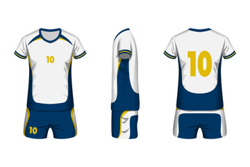 Volleyball jersey mockup white, dark blue and yellow colors with front, side and back view.