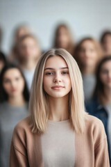Obraz premium Portrait of confident young woman in front of blurred group, sho