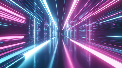 Fototapeta premium Abstract digital corridor with multicolored neon reflections, creating a mesmerizing cyber-themed environment with infinite depth and vibrant energy. Luminous Infinite Corridor. Illustration