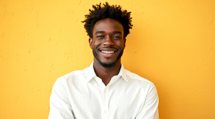 Fototapeta premium portrait of a smiling young man in a white shirt against a yellow background