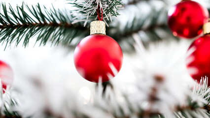 close-up of a red christmas ornament hanging on a pine branch