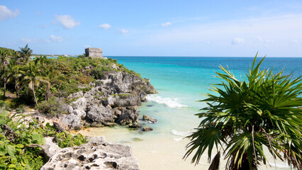 beach and temple of Tulum in Mexico