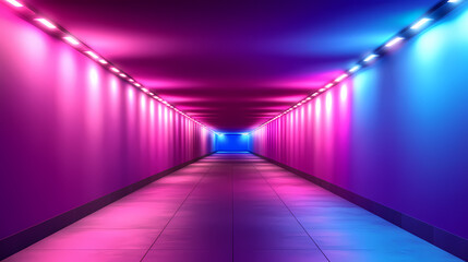 Fototapeta premium Endless neon corridor with glowing pink and blue lights creating depth. Luminous Infinite Corridor. Illustration