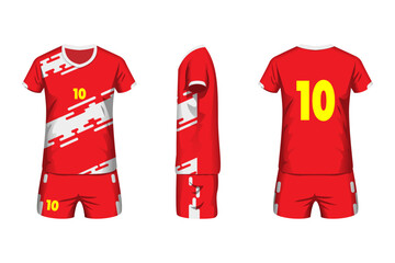 Volleyball jersey mockup red and white splash colors with front, side and back view.