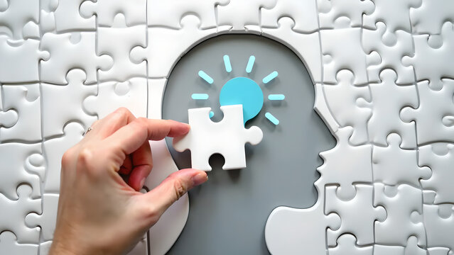 Getting knowledge and solving problem. Logical idea concept. Connecting last jigsaw puzzle piece. 
