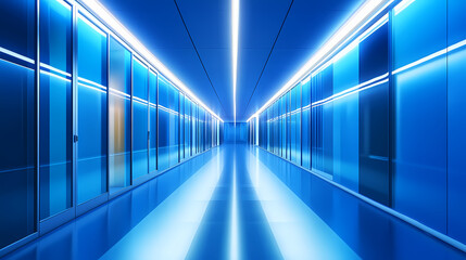 Fototapeta premium Futuristic blue corridor with neon lights and glass walls. Luminous Infinite Corridor. Illustration