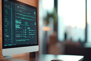 Modern workspace features sleek monitor displaying vibrant data