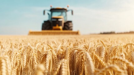 Golden wheat field stretches under bright blue sky, tractor harv