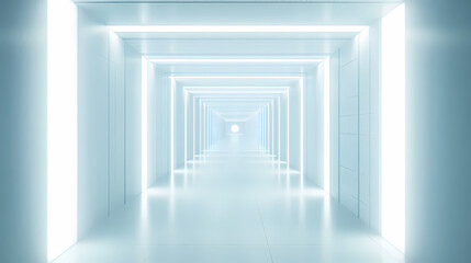 Futuristic hallway with endless perspective and white lighting. Luminous Infinite Corridor. Illustration