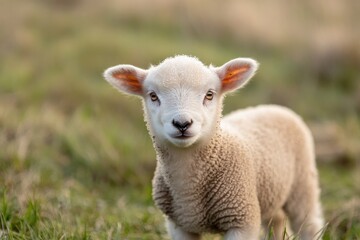 Fototapeta premium Playful lamb stands in green pasture, showcasing soft wool and c