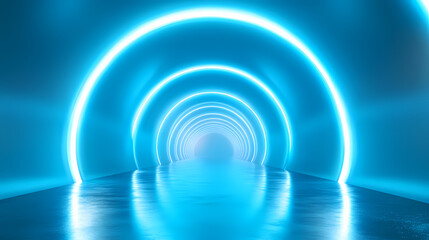 Obraz premium Futuristic neon blue tunnel with glowing rings and reflective floor. Luminous Infinite Corridor. Illustration