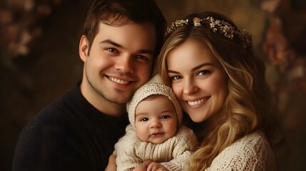 Obraz premium A family portrait of a smiling mother, father, and baby daughter, all looking happy and wearing neutral tones.
