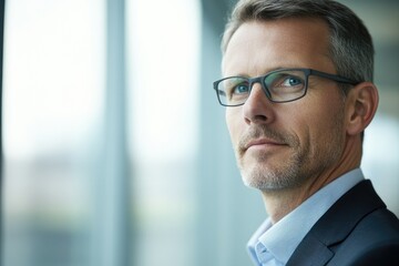 Naklejka premium Confident man gazes thoughtfully through window, reflecting prof