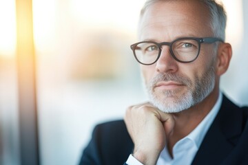 Confident businessman in glasses contemplating future, exuding p