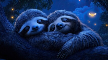 Naklejka premium A heartwarming scene of two adorable sloths cuddling together on a tree branch under a magical moonlit night, surrounded by glowing fireflies and a dreamy jungle atmosphere – AI Generated Digital Art.