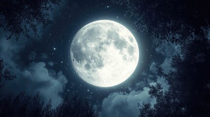 Fototapeta premium Mystical Full Moon Over a Serene Landscape Illuminating the Night Sky with Silvery Radiance and Soft Ambient Glow, Creating a Captivating Celestial Scene for Artistic Exploration