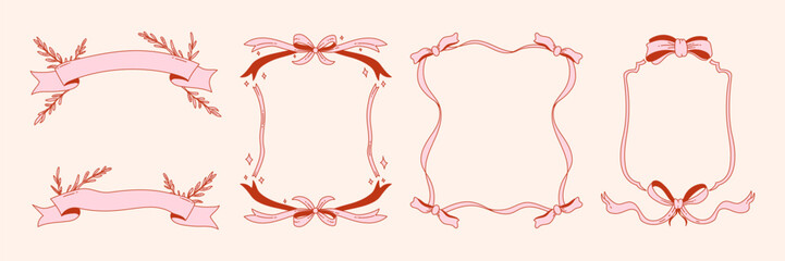 Vintage frame set with bows and ribbons. Template for wedding, birthday, party invitations. Romantic girly vibe.