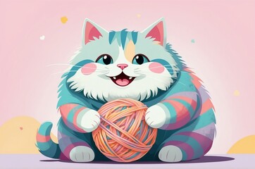 Minimalist fantasy whimsical domestic cute cartoon cat animal with pastel color background 
illustration texture design.