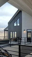 Modern architectural design featuring sleek exterior with large windows, showcasing beautiful landscape. structure combines metal and wood elements, creating stylish and inviting