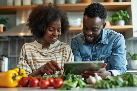 African American Couple in Kitchen Using Tablet