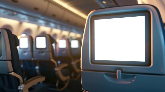 realistic airplane seat screen with empty white monitor for app mockup, ui preview, or travel product display
