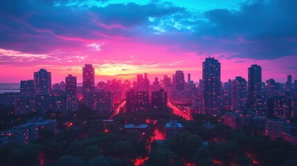 Obraz premium Vibrant pink and blue sunset over a cityscape with illuminated buildings and trees.