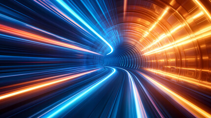 Futuristic tunnel with glowing orange and blue lights in motion. Luminous Infinite Corridor. Illustration