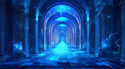Glowing blue neon archway tunnel. Luminous Infinite Corridor. Illustration