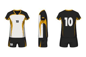 Volleyball jersey mockup white, black and gold colors with front, side and back view.