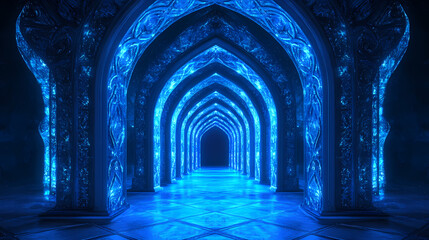 Naklejka premium Glowing blue neon archway tunnel. Luminous Infinite Corridor. Illustration