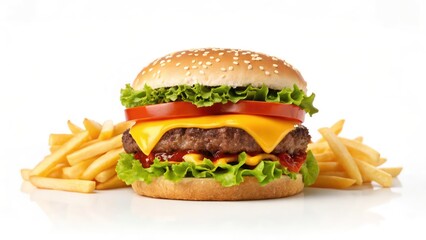 Delicious Gourmet Burger and Fries Meal with Fresh Ingredients
