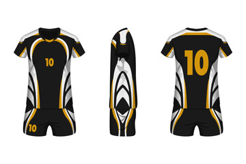 Volleyball jersey mockup black, white and gold colors with front, side and back view.