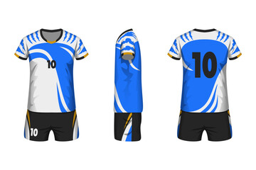 Volleyball jersey mockup white, blue and black colors with front, side and back view.
