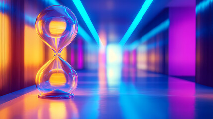 Mental-health self-care mindfulness concept. glowing hourglass in a futuristic dimensional passage. Luminous Infinite Corridor. Illustration