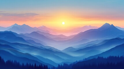 Obraz premium Majestic sunrise over a vast mountain range with hazy, layered peaks, soft pastel colors, and silhouette forests.