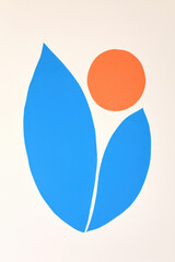 Bold abstract berry design featuring a large blue leaf and an orange circle