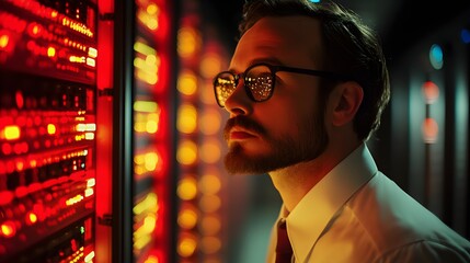 Data center specialist reviewing server status, reflected in glasses. Security oversight for operations.