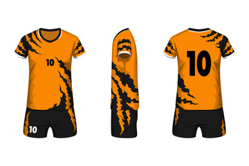 Volleyball jersey mockup orange color and tiger pattern with front, side and back view.