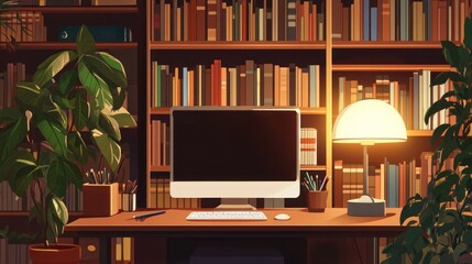Cozy home office with computer, bookshelves, plants, and lamp.