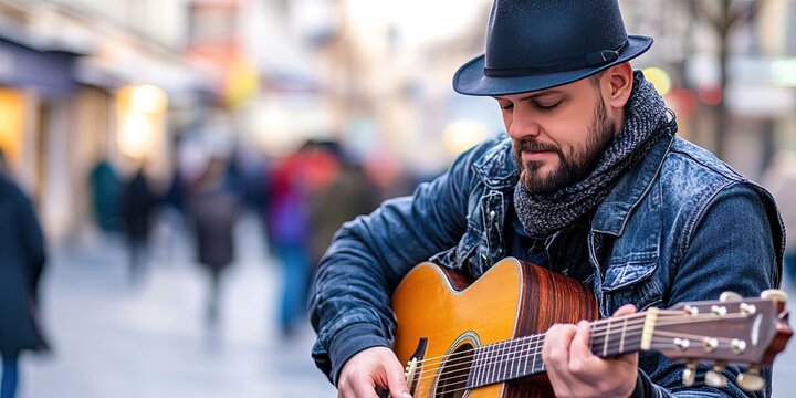 musician performing in public city street 