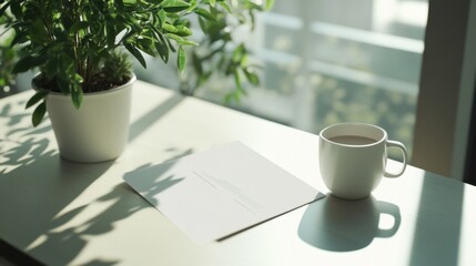 Resignation letter on a desk with a coffee cup and plant. Featuring career transition and reflection
