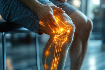 a person sitting on a chair and holding his knee, experiencing pain. The visual effect shows the internal structure of the joint  